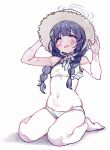  1girl bare_shoulders bikini black_hair blue_archive blush braid bruise crying flat_chest full_body hair_ribbon halo hat highres injury leaf leaf_on_head leaf_print long_hair miyu_(blue_archive) miyu_(swimsuit)_(blue_archive) navel nosir_onadat official_alternate_costume open_mouth pink_eyes print_bikini ribbon simple_background sitting sketch solo stomach straw_hat swimsuit twin_braids wariza white_background white_bikini white_ribbon 