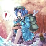  artist_request backpack bag blue_hair cucumber eating frog hair_bobbles hair_ornament hat kawashiro_nitori non-web_source solo touhou twintails two_side_up wrench 