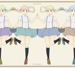  bad_id bad_pixiv_id black_legwear blonde_hair blue_eyes blue_hair brown_eyes flower green_eyes hair_flower hair_ornament holding_hands kneehighs loafers mosuko multiple_girls orange_hair original shoes standing standing_on_one_leg suspenders symmetrical_hand_pose symmetry twintails 