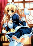  absurdres blonde_hair blush cup dengeki_moeou garters highres open_mouth original panties pantyshot red_eyes solo teacup teapot thighhighs tomose_shunsaku twintails underwear waitress 