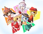  :d ^_^ ^o^ aki_minoriko blonde_hair blush closed_eyes crystal demon_wings flandre_scarlet hat holding_hands komeiji_koishi long_sleeves looking_at_viewer looking_back lyrica_prismriver merlin_prismriver miyo_(miyomiyo01) multiple_girls one_side_up open_mouth red_hair smile tareme touhou trait_connection wings 