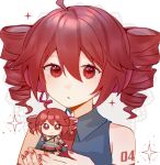  1girl ahoge arm_at_side arm_tattoo bare_shoulders belt black_belt black_shirt black_skirt black_sleeve_cuffs bow bright_pupils buttons chibi closed_mouth double-parted_bangs drill_hair fingernails grey_jacket grey_skirt hair_between_eyes hair_bow hair_ribbon hand_on_own_hip jacket kasa_(user_rekp7745) kasane_teto kasane_teto_(sv) layered_skirt layered_sleeves number_tattoo open_mouth red_bow red_eyes red_hair red_nails red_skirt red_tattoo red_trim ribbon shirt shoulder_belt shoulder_tattoo simple_background skirt sleeve_cuffs smile solo striped_clothes striped_jacket striped_skirt synthesizer_v tattoo twin_drills upper_body utau vocaloid_boxart_pose white_background white_bow white_pupils white_ribbon 