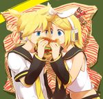  1girl blonde_hair blue_eyes bow brother_and_sister colorized detached_sleeves eating food hair_bow hair_ornament hairclip hamburger headset kagamine_len kagamine_rin midriff mitosa short_hair siblings suko_mugi twins vocaloid 