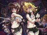 3girls aikawa_rumi artist_logo artist_name bandana baseball_cap belt blonde_hair blush breasts broken_glass brown_belt brown_eyes brown_hair brown_hat brown_vest clothes_lift collared_vest commentary cowboy_shot crop_top cup fio_germi glass glasses green_bandana green_shorts green_vest gun handgun hat hip_vent holding holding_gun holding_weapon ice ice_cube karosu_maker kasamoto_eri logo metal_slug midriff multiple_girls navel nipples no_bra nose_bubble open_clothes open_mouth open_vest partially_unbuttoned ponytail shirt shirt_lift shorts sitting sleeping stomach tank_top underwear vest weapon white_shirt white_tank_top window wristband 