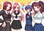  blazer blue_hair code_geass crossover dress_shirt euphemia_li_britannia jacket kallen_stadtfeld koshimizu_ami kujikawa_rise kurimomo minami_omi miniskirt multiple_girls one_eye_closed parody persona persona_4 pink_hair pleated_skirt ponytail red_hair school_uniform seiyuu_connection serafuku shirogane_naoto shirt short_hair skirt toradora! twintails v 