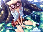  animal_ears bag bike_shorts blonde_hair book closed_eyes goggles goggles_on_head grass necktie original pen school_bag school_uniform shoes short_hair sitting skirt solo torisan tree tree_shade uwabaki v_arms wariza 