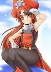  brown_eyes brown_hair fingerless_gloves gloves guilty_gear hat hayami_kyuuen legs long_hair may_(guilty_gear) orange_hat orange_shirt pantyhose shirt solo very_long_hair 