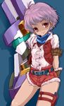  bad_id bad_pixiv_id denim denim_shorts earrings jewelry kannagi_kaname mecha pink_hair serius_ii sheldia_rouge short_hair shorts smile super_robot_wars super_robot_wars_k 