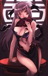  bad_id bad_pixiv_id breasts bun_cover china_dress chinese_clothes cleavage double_bun dress fan head_wings large_breasts long_hair midriff navel nishieda original pointy_ears red_eyes solo 