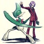  book creature elite_four formal full_body gallade gen_4_pokemon goyou_(pokemon) holding holding_book long_sleeves lowres male_focus meimaru_inuchiyo outstretched_arm pants pokemon pokemon_(creature) red_eyes simple_background suit white_background 