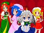  :3 aqua_eyes bad_id bad_pixiv_id blonde_hair blue_eyes blue_hair eiri_(eirri) fang flandre_scarlet glass hat hong_meiling izayoi_sakuya long_hair lucky_star maid maid_headdress multiple_girls one_side_up parody red_eyes red_hair remilia_scarlet ribbon short_hair silver_hair style_parody touhou wings 