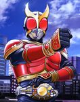  armor belt city cloud day highres horns kamen_rider kamen_rider_kuuga kamen_rider_kuuga_(series) male_focus mask pose sky solo yusao 