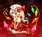  blonde_hair checkered checkered_floor dress flandre_scarlet hat one_side_up perspective ponytail rainbow_order red_background red_dress red_eyes shiori_(xxxsi) short_hair sitting solo touhou v_arms wariza wings 