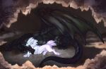 black_body cave claws dragon duo european_mythology feral horn kira_larsson lying mythological_creature mythological_scalie mythology on_front raised_wings scalie short_tail size_difference smile tail unknown_species western_dragon white_body wings wyvern