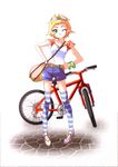  bicycle blonde_hair denim denim_shorts goggles green_eyes ground_vehicle legs one_eye_closed original short_hair shorts solo takase_hiro thighhighs 