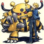  blonde_hair clenched_teeth creature denim denji_(pokemon) electivire from_behind gen_4_pokemon gym_leader jacket jeans long_sleeves looking_at_viewer lowres male_focus meimaru_inuchiyo open_clothes open_jacket outstretched_arm pants pokemon pokemon_(creature) red_eyes simple_background spiked_hair standing teeth white_background 