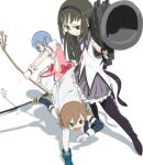  3girls aiming aiming_at_viewer aioi_yuuko akemi_homura akemi_homura_(cosplay) argyle_clothes argyle_pantyhose arrow_(projectile) black_hairband blue_hair bow_(weapon) brown_hair cape cosplay cube_hair_ornament expressionless fubarmoe full_body glasses gloves gun hair_ornament hairband half-closed_eyes highres holding holding_arrow holding_bow_(weapon) holding_weapon jitome kaname_madoka kaname_madoka_(cosplay) long_hair magical_girl mahou_shoujo_madoka_magica miki_sayaka miki_sayaka_(cosplay) multiple_girls naganohara_mio nichijou pantyhose puffy_short_sleeves puffy_sleeves shinonome_nano short_hair short_sleeves sword v-shaped_eyebrows weapon white_cape white_gloves 