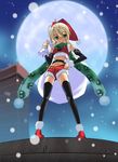  antenna_hair belt black_legwear blonde_hair detached_sleeves full_moon green_eyes green_scarf hat midriff moon original print_scarf rooftop sack santa_costume santa_hat scarf shorts skull_print snow solo takase_hiro thighhighs 