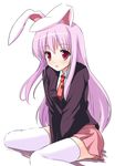  :p animal_ears between_legs blazer bunny_ears food fruit hand_between_legs jacket lavender_hair necktie pink_eyes r-type_nirvana red_neckwear reisen_udongein_inaba sime simple_background sitting skirt solo strawberry thighhighs tongue tongue_out touhou wariza white_legwear zettai_ryouiki 