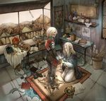  1girl bad_id bad_pixiv_id blonde_hair carpet copyright_request goblet hasigari healing magic mountain paper pointy_ears room table wizard 