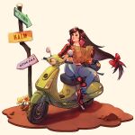  1girl alternate_costume artist_name black_gloves bow brown_hair denim dirt earrings final_fantasy final_fantasy_vii fingerless_gloves flower full_body gloves hair_bow holding holding_map jacket jeans jewelry lily_(flower) long_hair low-tied_long_hair map motor_vehicle pants parted_lips red_bow red_eyes red_footwear red_jacket scooter signpost sitting smile solo thar_chandran tifa_lockhart torn_clothes torn_pants vespa yellow_flower 