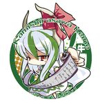  bad_id bad_pixiv_id chibi ex-keine expressionless horns kamishirasawa_keine looking_at_viewer red_eyes scroll shaded_face simple_background solo text_focus touhou upper_body white_background yui_(niikyouzou) 