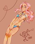  bad_id bad_pixiv_id bikini blush breasts covering covering_crotch darry_adai heart heart_of_string hikiya long_hair pink_hair ponytail running_emoticon small_breasts solo sweatdrop swimsuit tan tengen_toppa_gurren_lagann 