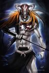  abs alternate_color bleach claws cuts horns injury kurosaki_ichigo long_hair male_focus ninjatic orange_hair skull solo spoilers sword tensa_zangetsu_(bankai) vizard weapon white_skin 