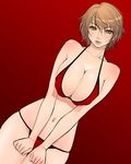  asakura_sakura bikini breast_squeeze breasts brown_hair copyright_request huge_breasts lips short_hair solo swimsuit wide_hips 