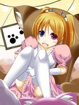  blonde_hair heterochromia leg_hug masa_(miyabitei) original paw_print solo thighhighs twintails 