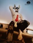  3d_(artwork) anatomically_correct bodypaint bottomwear canid canine canis car cartermutt clothed clothing desert digital_media_(artwork) erection hairless hi_res knot looking_at_viewer mad_max mad_max_fury_road male mammal nipple_piercing nipples pants partially_clothed piercing pose smile smirk solo text url vehicle wolf 
