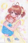  brown_eyes brown_hair carrying child clannad dress furukawa_nagisa multiple_girls okazaki_ushio ponytail school_uniform shira_(kunseitamago) short_hair sleeping traditional_media 