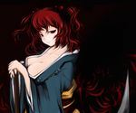  aoi_mitsuru bad_id bad_pixiv_id breasts cleavage flower hair_bobbles hair_ornament japanese_clothes large_breasts onozuka_komachi red_eyes red_hair scythe short_hair solo spider_lily touhou two_side_up 