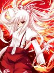  bangs bow fire fujiwara_no_mokou hair_bow hair_ribbon imari_yuka pants red_eyes ribbon silver_hair solo suspenders touhou 