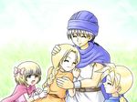  2girls bianca bianca's_daughter bianca's_son blonde_hair bow braid cape closed_eyes dragon_quest dragon_quest_v family gloves gochan hair_bow hand_on_head hero_(dq5) hug jealous multiple_boys multiple_girls petting single_braid smile 