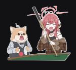  1girl 1other ^^^ alternate_costume aru_(blue_archive) ball billiard_ball black_background black_choker black_eyes black_tank_top blank_eyes blue_archive blunt_bangs blush brown_jacket choker commentary dog failure fangs furrowed_brow halo hands_up highres holding holding_stick jacket jw_(wrdawrda) long_hair long_sleeves motion_lines open_mouth pink_hair pink_halo plaid_clothes plaid_jacket pool_table simple_background single_bare_shoulder stick strap_slip surprised sweatdrop symbol-only_commentary table tank_top upper_body wavy_mouth wide_sleeves you&#039;re_doing_it_wrong 