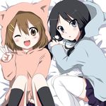  akiyama_mio animal_ears animal_hood bad_id bad_pixiv_id bangs black_eyes black_hair blunt_bangs brown_eyes brown_hair cat_hood fetal_position hair_ornament hairclip hime_cut hirasawa_yui hood hoodie k-on! lying marimo_danshaku multiple_girls one_eye_closed skirt sweatshirt thighhighs v younger 