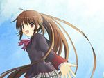  bow brown_hair genkai_madika hands little_busters! long_hair looking_back natsume_rin open_mouth outstretched_arm outstretched_hand pink_bow plaid plaid_skirt ponytail reaching red_eyes school_uniform skirt smile solo very_long_hair 