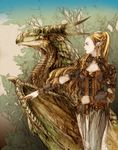  armor blonde_hair copyright_request dragon elf forest nature pipiko pointy_ears solo sword weapon 