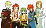  asch asch_(cosplay) belt blonde_hair blue_eyes brown_hair choker cosplay costume_switch glasses green_choker green_eyes guy_cecil guy_cecil_(cosplay) hair_tubes happy hyu_ga ion ion_(cosplay) jade_curtiss jade_curtiss_(cosplay) long_hair luke_fon_fabre luke_fon_fabre_(cosplay) male_focus multiple_boys ponytail red_hair robe short_hair_with_long_locks sidelocks surcoat sword tales_of_(series) tales_of_the_abyss weapon white_background 