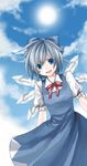  bad_id bad_pixiv_id blue_eyes blue_hair bow cirno day dress hair_bow ice open_mouth short_hair sky smile solo soraxsky touhou wings 