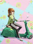  1girl bolo_tie brown_hair chiga_akira crossed_bangs double-parted_bangs eiyuu_densetsu green_eyes hair_between_eyes highres jacket kai_no_kiseki kuro_no_kiseki_(series) loafers long_hair looking_at_viewer motor_vehicle on_scooter ponytail scooter shoes sidelocks smile solo sparkle star_(symbol) towa_herschel vespa 