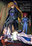  bdsm black_bodysuit blood blue_bodysuit blue_ribbon bodysuit bondage bound covered_navel cyborg cyclone hair_ribbon heterochromia highres long_hair lyrical_nanoha magical_girl mahou_shoujo_lyrical_nanoha_strikers multiple_girls non-web_source numbers'_uniform numbers_(nanoha) older ponytail raising_heart ribbon side_ponytail takamachi_nanoha translation_request twintails vivio wendi_(nanoha) white_ribbon 