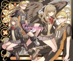  1boy 1girl bad_id bad_twitter_id black_jacket black_shirt black_shorts black_socks blonde_hair bow bowtie brown_eyes brown_footwear brown_hair brown_sweater_vest brown_wings closed_mouth collared_shirt commission feathered_wings glasses grey_skirt haikyuu!! highres jacket karasuno_volleyball_uniform kneehighs loafers long_hair long_sleeves looking_at_viewer meremero multicolored_shirt multiple_views open_mouth original pleated_skirt red_bow red_bowtie school_uniform shirt shoes short_hair short_sleeves shorts sitting skirt smile sneakers socks sportswear standing sweater_vest tsukishima_kei volleyball_uniform white_footwear wings yellow_eyes 