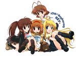  air backpack bag blonde_hair book clannad company_connection crossover engrish food furukawa_nagisa hizuki_yayoi kamio_misuzu kanon key_(company) little_busters! multiple_girls natsume_rin ranguage sitting taiyaki transparent_background tsukimiya_ayu wagashi 