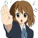  brown_eyes brown_hair hair_ornament hairclip hirasawa_yui k-on! miracle musical_note open_mouth round_teeth school_uniform short_hair solo teeth 