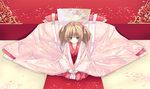 bad_id bad_pixiv_id brown_eyes brown_hair japanese_clothes kimono original p19 petals seiza sitting solo twintails 