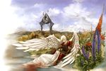  1girl angel armor bad_id bad_pixiv_id blonde_hair blood cloud copyright_request day flying hasigari holding sky wings 