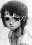  1girl asymmetrical_bangs bags_under_eyes black_hair collarbone crease graphite_(medium) hair_ornament hair_over_shoulder highres iwakura_lain looking_at_viewer monochrome nose_shade scan serial_experiments_lain serious solo traditional_media x_hair_ornament ynielnan3s8mp5o 