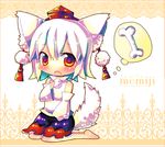  animal_ears bad_id bad_pixiv_id barefoot blush bone chibi chocolat_(momoiro_piano) detached_sleeves hat inubashiri_momiji red_eyes solo tail tokin_hat touhou white_hair wolf_ears wolf_tail 